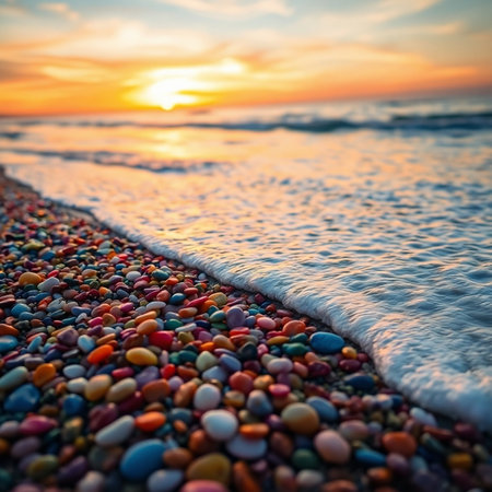 Colorful pebbles on the beach at sunset. Nature backgroundの素材