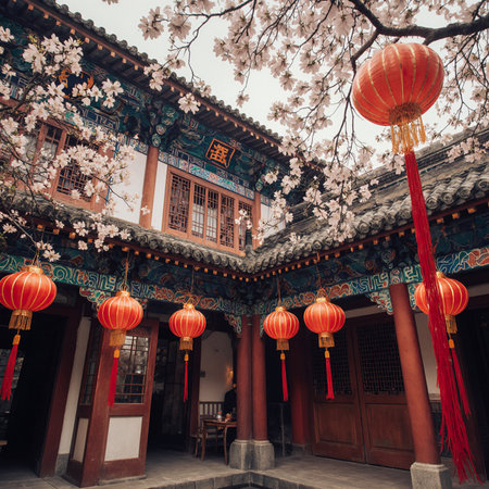 Traditional Chinese architecture with blooming cherry blossoms and red lanternsの素材