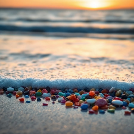 Colorful marbles on the beach at sunset. Selective focus.の素材