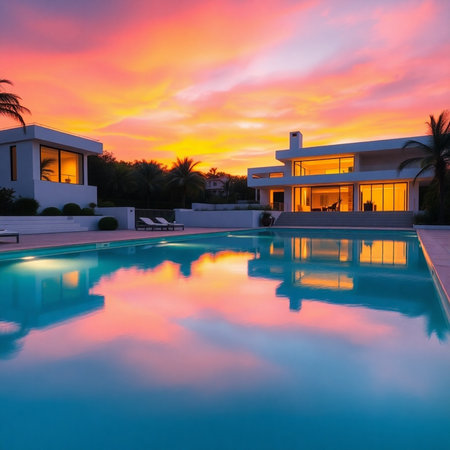 Beautiful luxury swimming pool in hotel resort at sunset time - Vintage Light Filterの素材