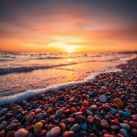 Colorful pebble beach on the Baltic Sea at sunset.の素材