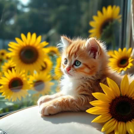 Cute ginger kitten with sunflowers on the windowsill.の素材