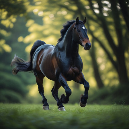 Beautiful black stallion galloping in the meadow at sunsetの素材
