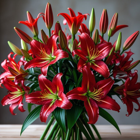 Bouquet of red lilies in a vase on a wooden tableの素材