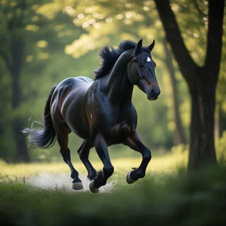 Beautiful black stallion running on green grass in the forest.の素材