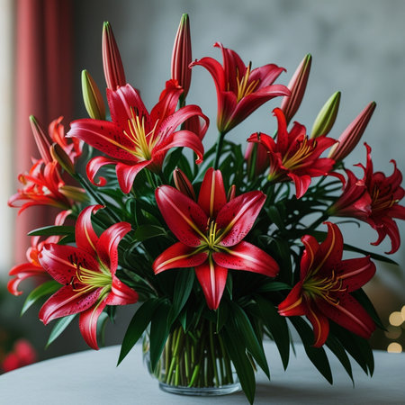 Bouquet of red lilies in a vase on the tableの素材