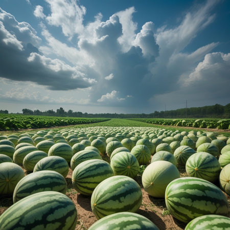 Watermelons on a field in the summer. Agricultural landscape.の素材