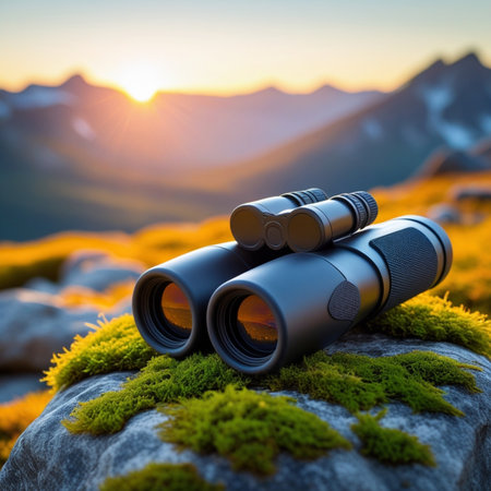 Binoculars on the background of the mountains at sunset.の素材