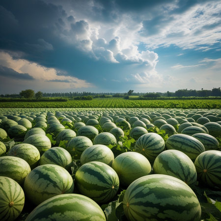 Watermelons growing on the field. Agricultural landscape with watermelons.の素材