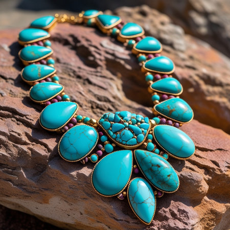 Turquoise necklace on the stone background. Beaded bracelet.の素材