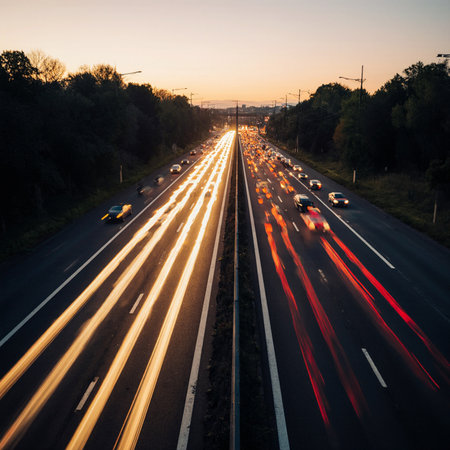 Aerial view of a highway at sunset. Traffic on the road.の素材