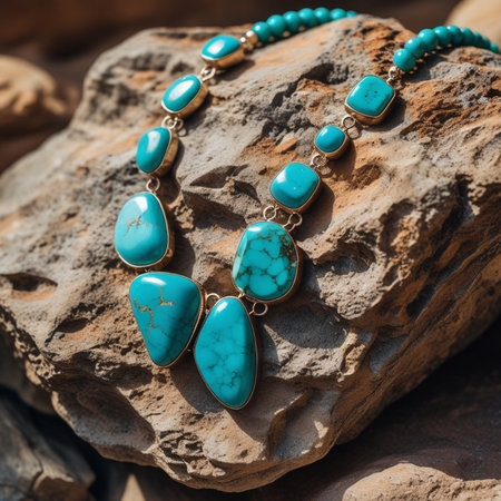 Turquoise necklace with turquoise stones on a stone backgroundの素材
