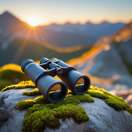 Binoculars on the green grass in the mountains at sunsetの素材