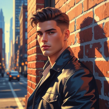 Portrait of a handsome young man in a leather jacket. Men's beauty, fashion.の素材