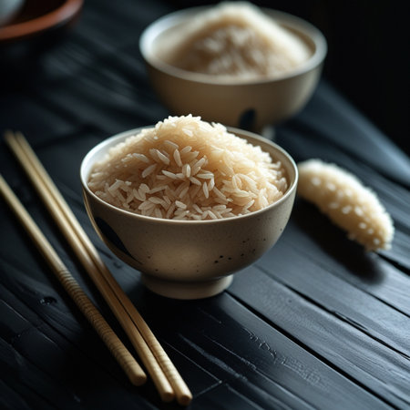 Rice in bowl and chopsticks on black wooden background, selective focusの素材