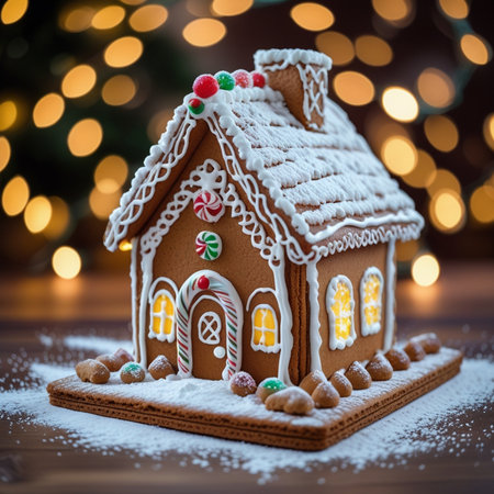 gingerbread house with christmas decoration on bokeh backgroundの素材
