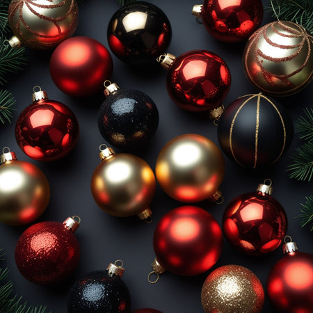 Christmas background with red and golden baubles and fir branches on blackの素材