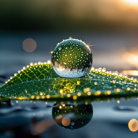 Water drops on green leaf with reflection on water surface at sunrise.の素材