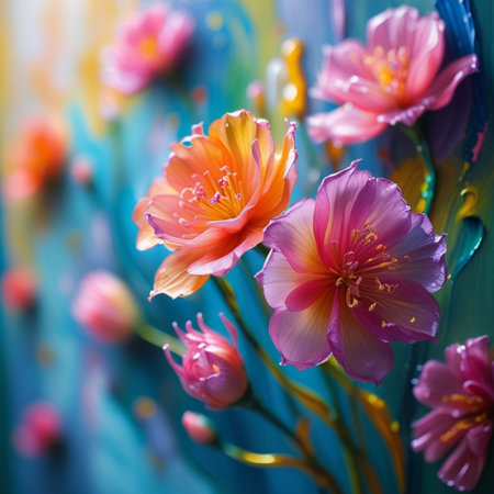 Colorful spring flowers on abstract background. Soft focus. Toned.の素材