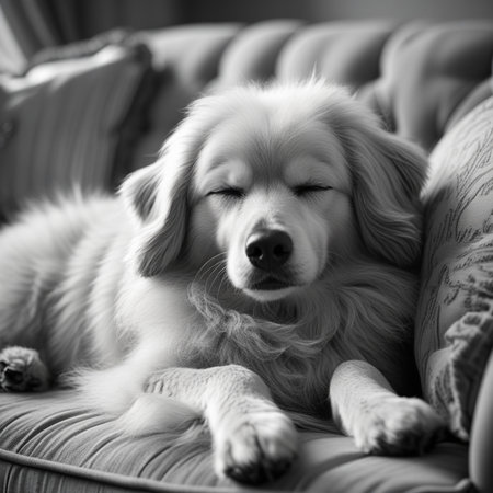 Golden Retriever lying on a sofa in black and white.の素材
