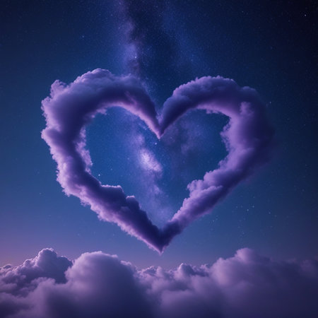 Purple heart shaped cloud in the night sky, 3d renderingの素材