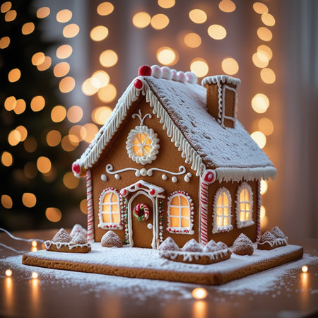 Gingerbread house on the background of a Christmas tree and lightsの素材
