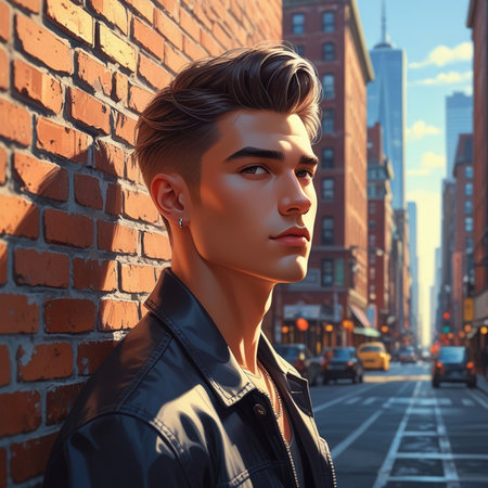 Handsome young man in a black leather jacket on a city street. Men's beauty, fashion.の素材