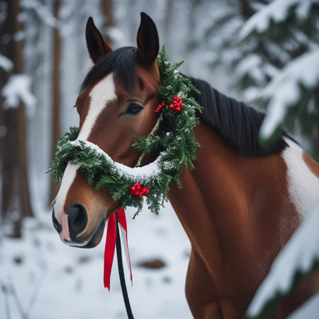 Portrait of a horse with a Christmas wreath in the winter forestの素材