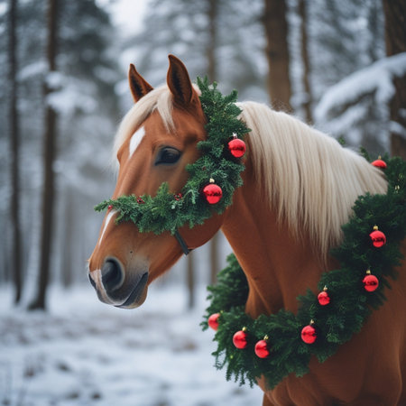 Horse with Christmas wreath in the winter forest. Christmas and New Year concept.の素材