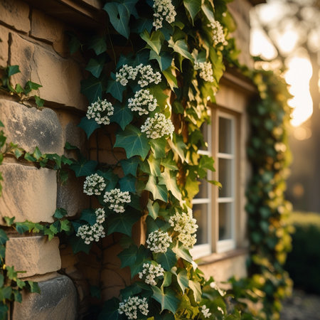 Green ivy growing on the wall of the house in the sunlightの素材