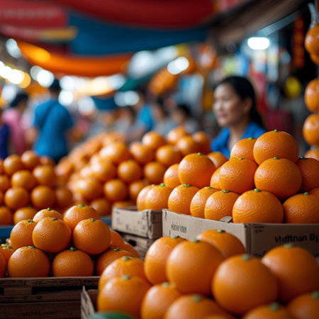 Fresh oranges on a market stall in Bangkok, Thailand. Selective focus.の素材