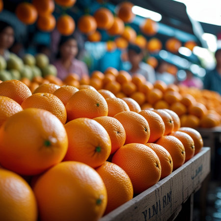 Oranges on the counter of a fruit market in Bangkok, Thailandの素材