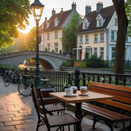 Cafe in the old town of Bad Toelz, Germanyの素材