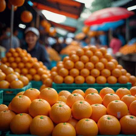 Oranges on the market stall in Bangkok, Thailand. Selective focus.の素材