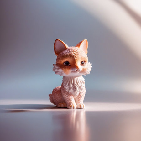 Cute little figurine of a fox on a blue background.の素材