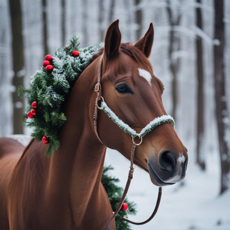 Beautiful horse with Christmas wreath in winter forest. Close upの素材