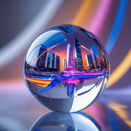Glass ball with cityscape in the background. 3D rendering.の素材