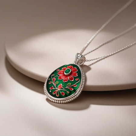Emerald pendant with red flower on a beige background.の素材