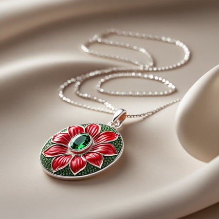 jewelry pendant with red flower on a satin backgroundの素材