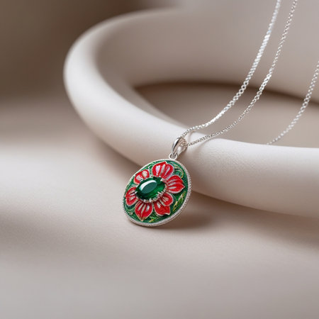 necklace on a white background with a green flower in the middleの素材