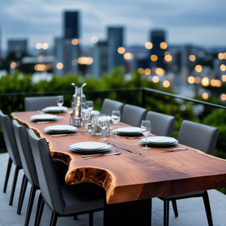 Outdoor table set for a dinner in the evening with cityscape backgroundの素材