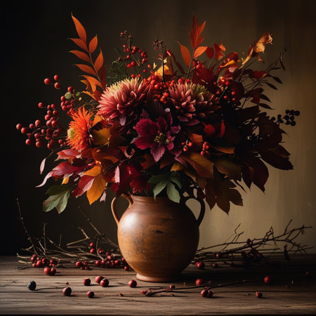 Autumn bouquet in a clay vase on a wooden tableの素材