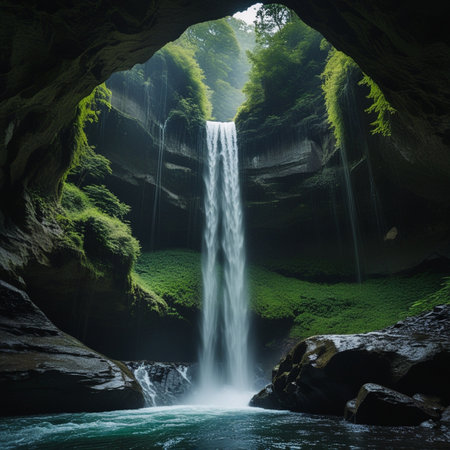 Waterfall in the cave. Waterfall in the forest. Beautiful natural landscape.の素材