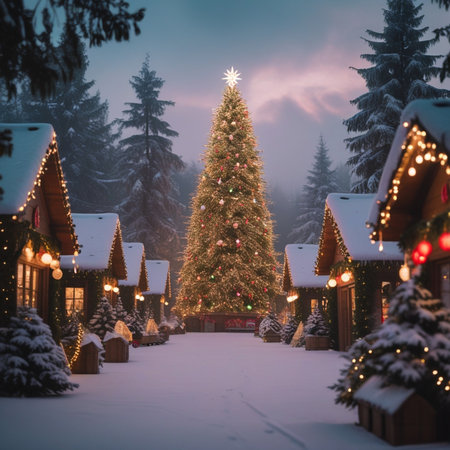 Christmas tree in the village at night. Beautiful winter landscape with a Christmas treeの素材