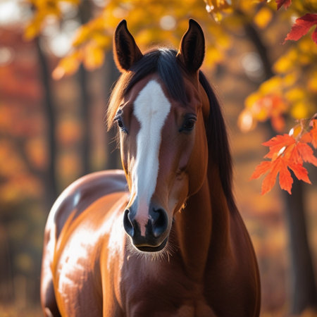 Portrait of a bay horse in the autumn forest with colorful leavesの素材