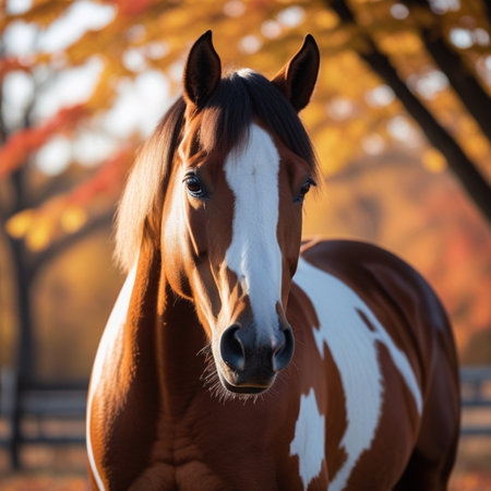 Portrait of a bay horse in the autumn forest. Close-upの素材