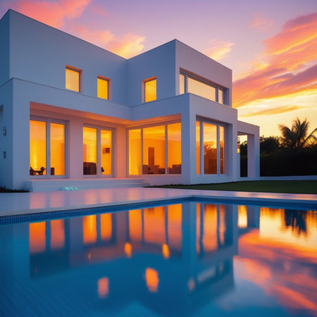 Luxury house with swimming pool at sunset. Luxury house with swimming pool.の素材