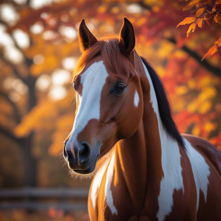 Portrait of a beautiful chestnut horse in the autumn forest.の素材