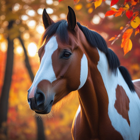 Portrait of a horse in the autumn forest. Beautiful horse portrait.の素材