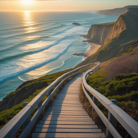 Wooden path leading to the ocean at sunset, Cape Town, South Africaの素材